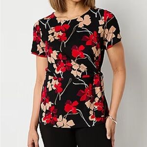 Liz Claiborne Black and Red Floral Short Sleeve Top